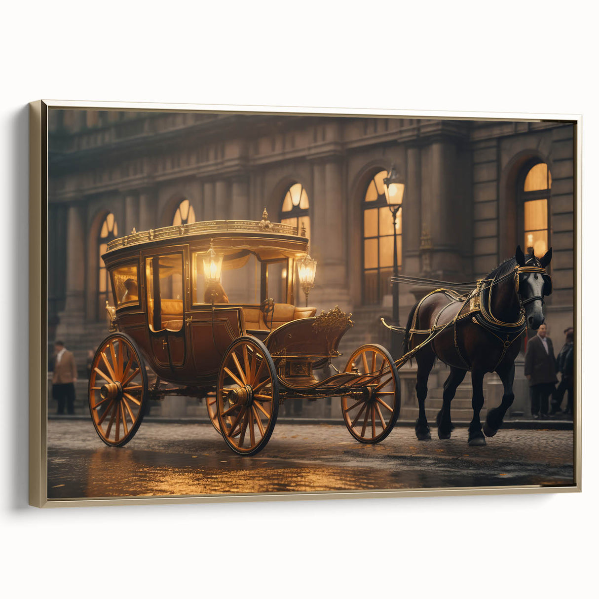 Black and gold vintage poster art of a classic car on a framed canvas, ideal for bedroom wall decor.