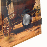 Mid-century modernist art featuring abstract service vehicles in muted earth tones on acrylic glass.