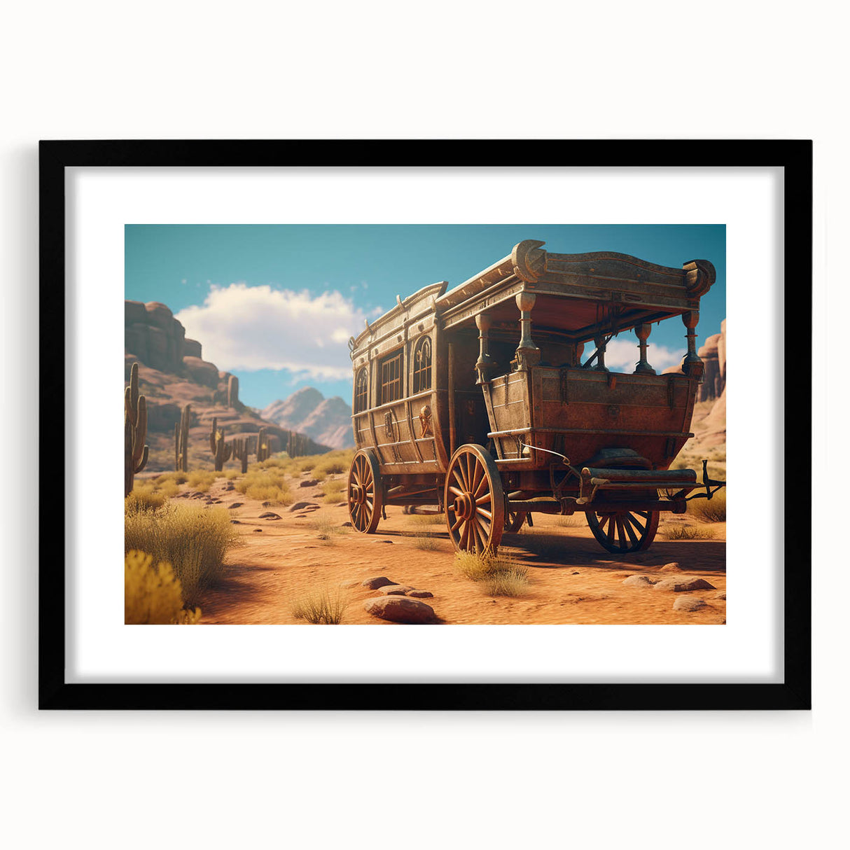 Extra large abstract art print featuring colorful, textured depiction of service vehicles on a black framed canvas.