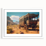 Abstract art print featuring assorted colorful service vehicles on a white canvas, ideal for dining room decor.