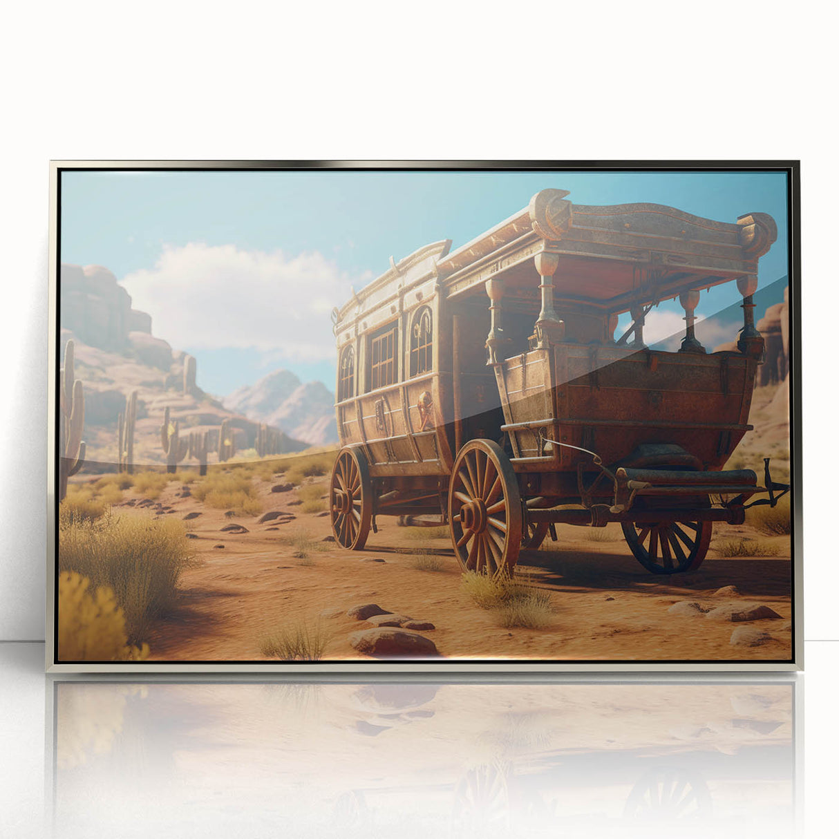 Mid-century modernist art depicting a collection of vintage service vehicles in muted colors, framed in acrylic.