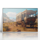 Art deco poster of vintage vehicles in muted colors on white acrylic, ideal for nursery wall decor.