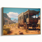 Framed canvas featuring a vintage poster of black service vehicles in a landscape setting, suitable for bedroom decor.