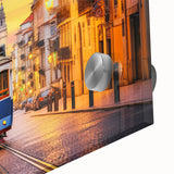 Mid-century modernist large abstract wall art of stylized vehicles in muted tones on acrylic glass.