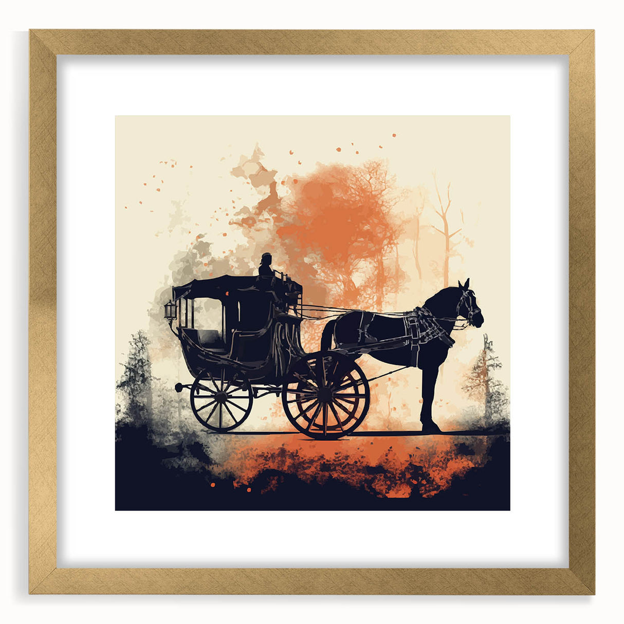 Abstract art print of service vehicles in textured gold frame, ideal for extra large wall art in a living room.