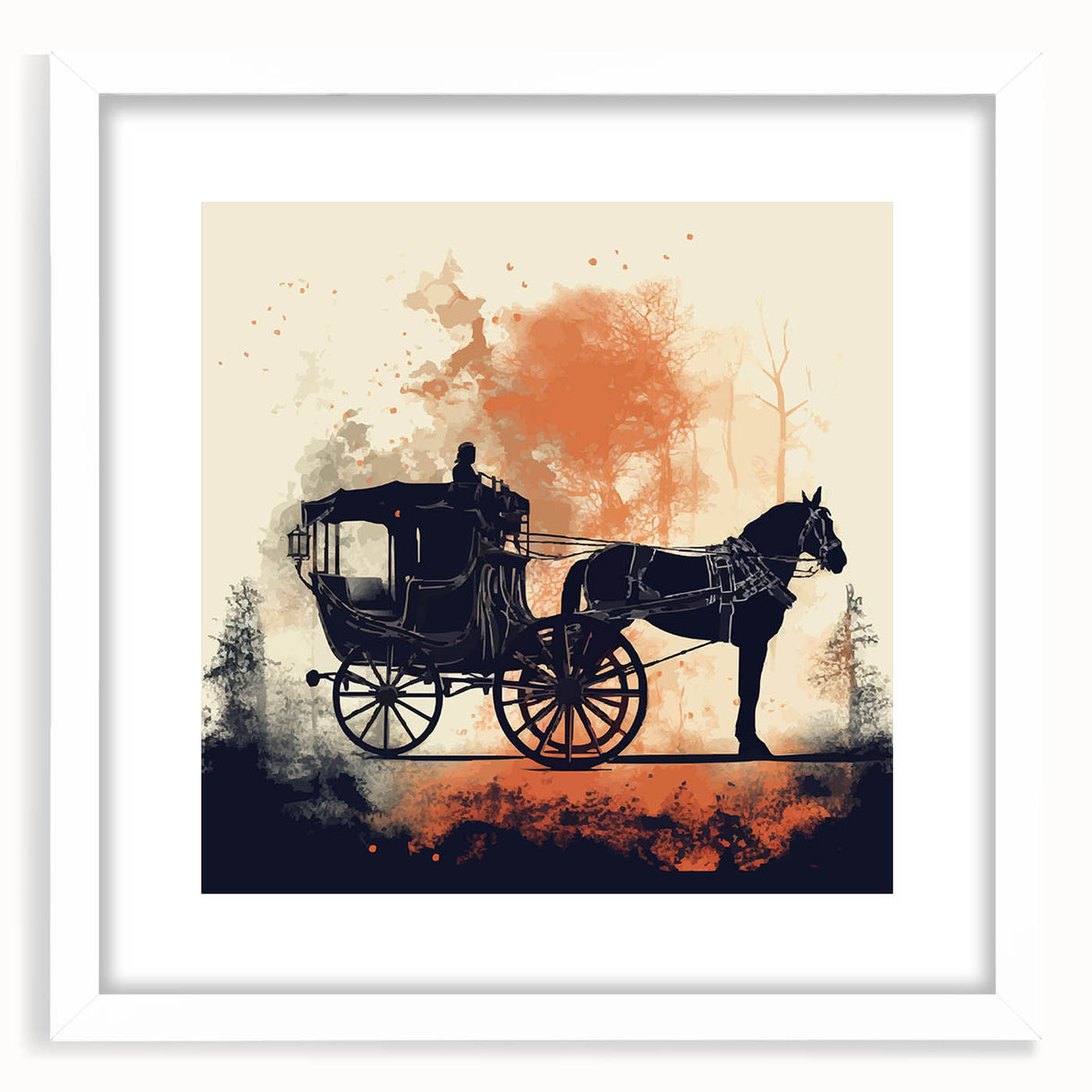 Abstract art print of colorful service vehicles on a white framed poster, ideal for dining room decor.