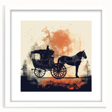 Abstract art print of colorful service vehicles on a white framed poster, ideal for dining room decor.