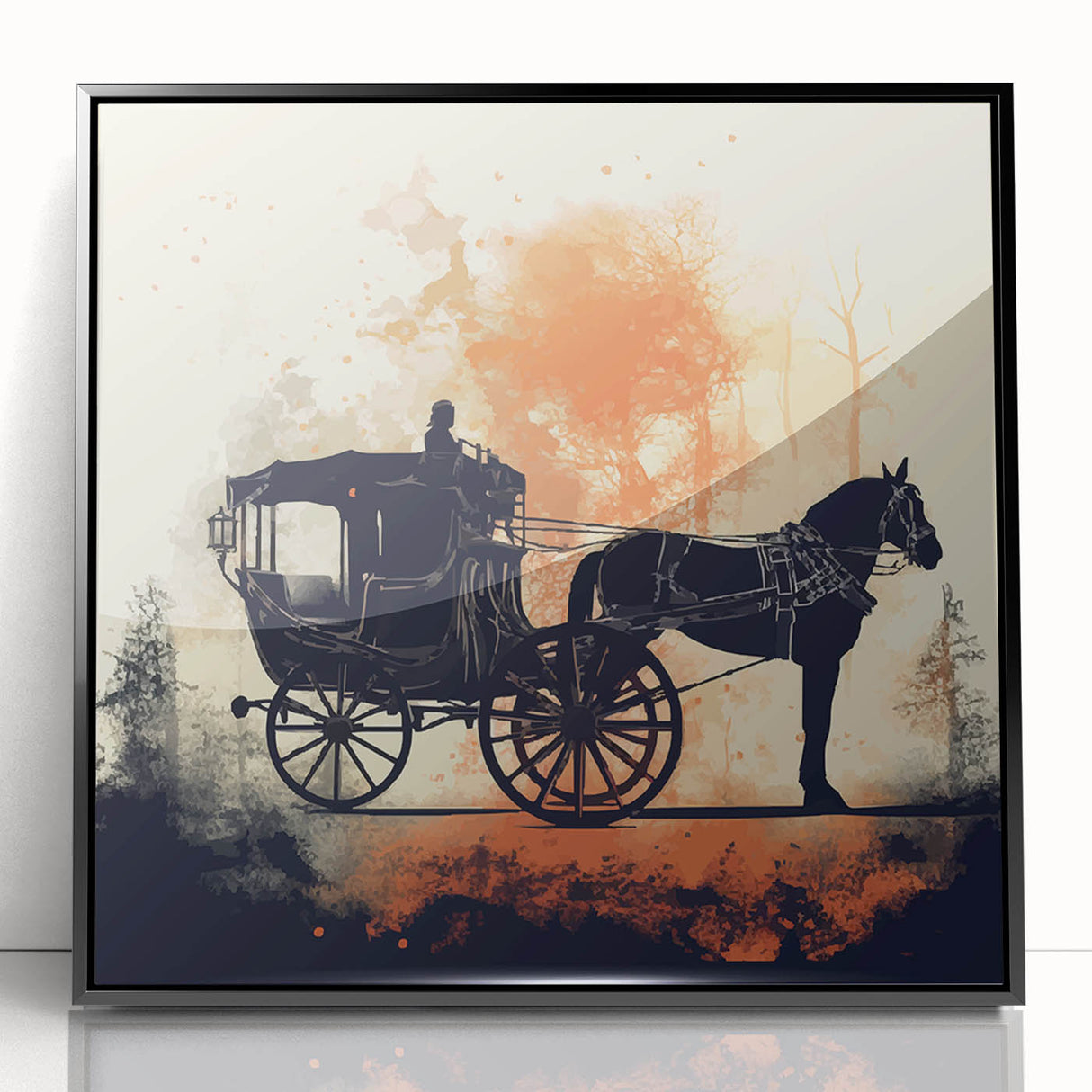 Large abstract wall art featuring mid-century modernist style vehicles in muted tones on a framed acrylic panel.