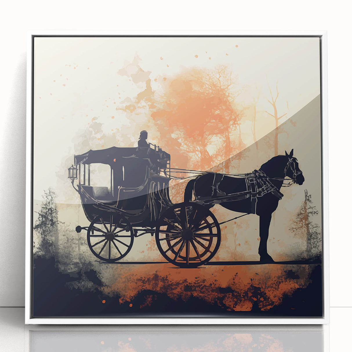 Art deco poster featuring a series of stylized vintage cars in muted blue and gray tones on a white acrylic frame.