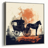 Framed canvas featuring a vintage poster of colorful landscape art with service vehicles, primarily in black tones.
