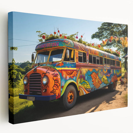 Large art print of colorful service vehicles on a white background, on stretched canvas, ideal for kitchen wall decor.