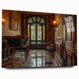 Acrylic print of abstract service vehicles in muted gray and orange, suitable for bedroom or dining room decor.