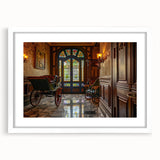 Abstract art print of assorted service vehicles in a colorful, geometric style on a white framed mat.