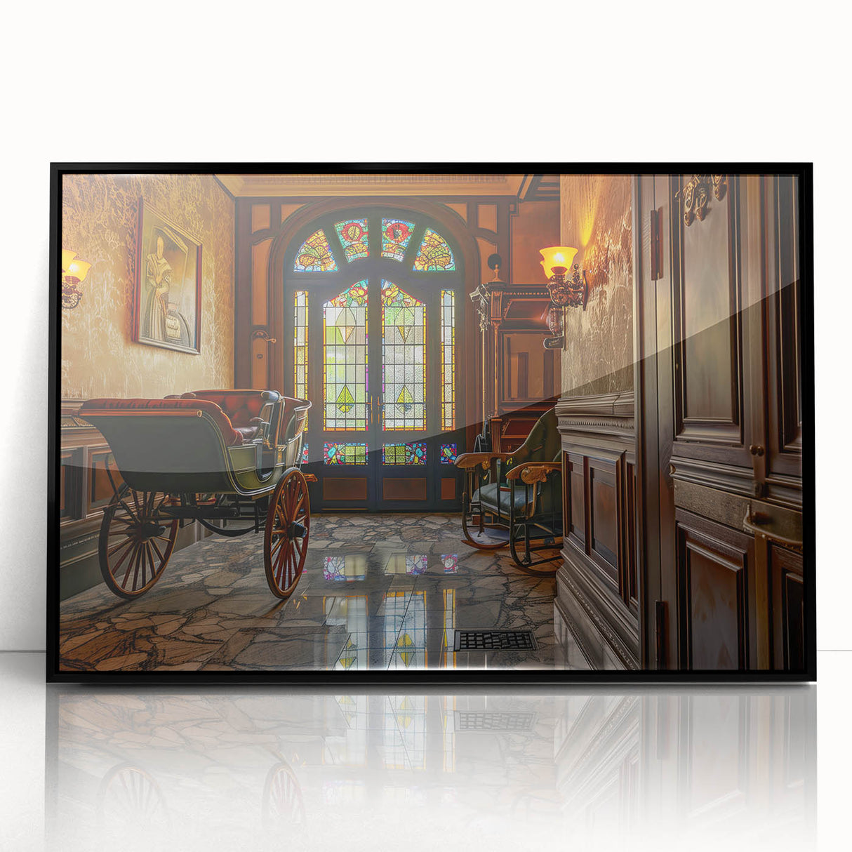 Large abstract wall art featuring assorted mid-century modernist service vehicles in muted colors, framed acrylic print.