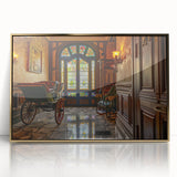 Mid-century modernist style print of colorful service vehicles on a gold-framed acrylic, suitable for nursery wall art.