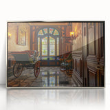 Mid-century modernist art deco poster featuring stylized service vehicles in muted colors on framed acrylic.