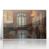 Framed acrylic print featuring art deco style posters of colorful service vehicles, suitable for modern nursery wall decor.