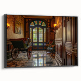 Black and white vintage poster art of landscape with service vehicles, framed canvas, ideal for bedroom wall decor.