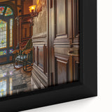 Extra large framed canvas of colorful, textured art featuring assorted service vehicles on a black background.