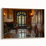 Vintage poster art of black service vehicles on a landscape, framed canvas in gold, ideal for bedroom wall decor.