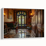 Framed canvas vintage poster art depicting colorful service vehicles on a black background.