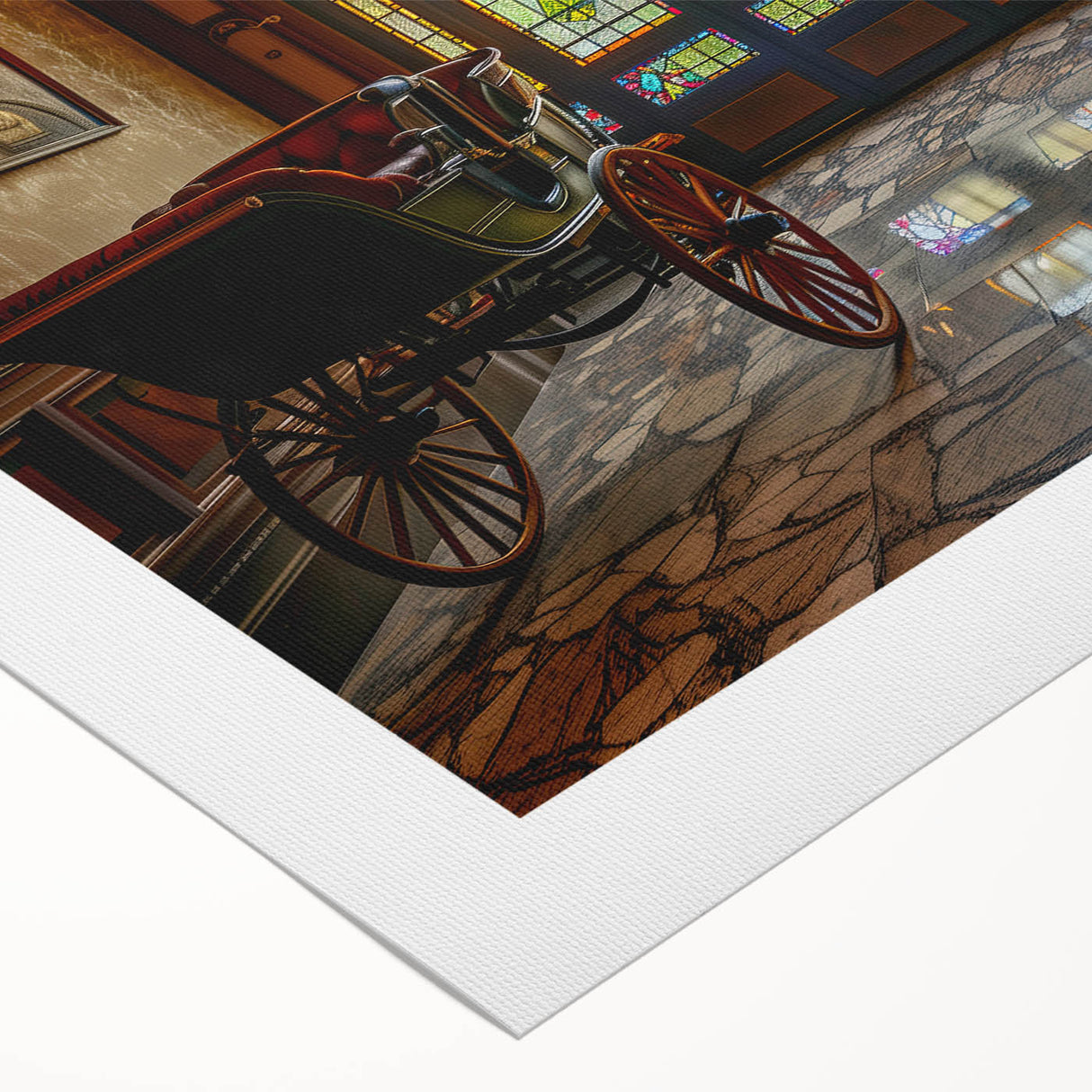 Art deco poster featuring vintage cars in muted colors on rolled canvas, suitable for dining room decor.