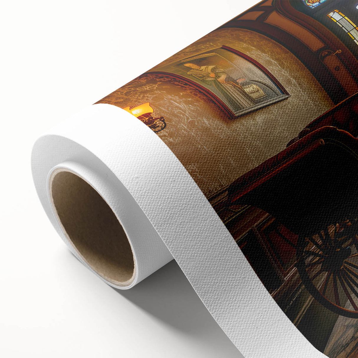 Art deco poster of colorful vintage vehicles on a rolled canvas, suitable as nursery wall art.