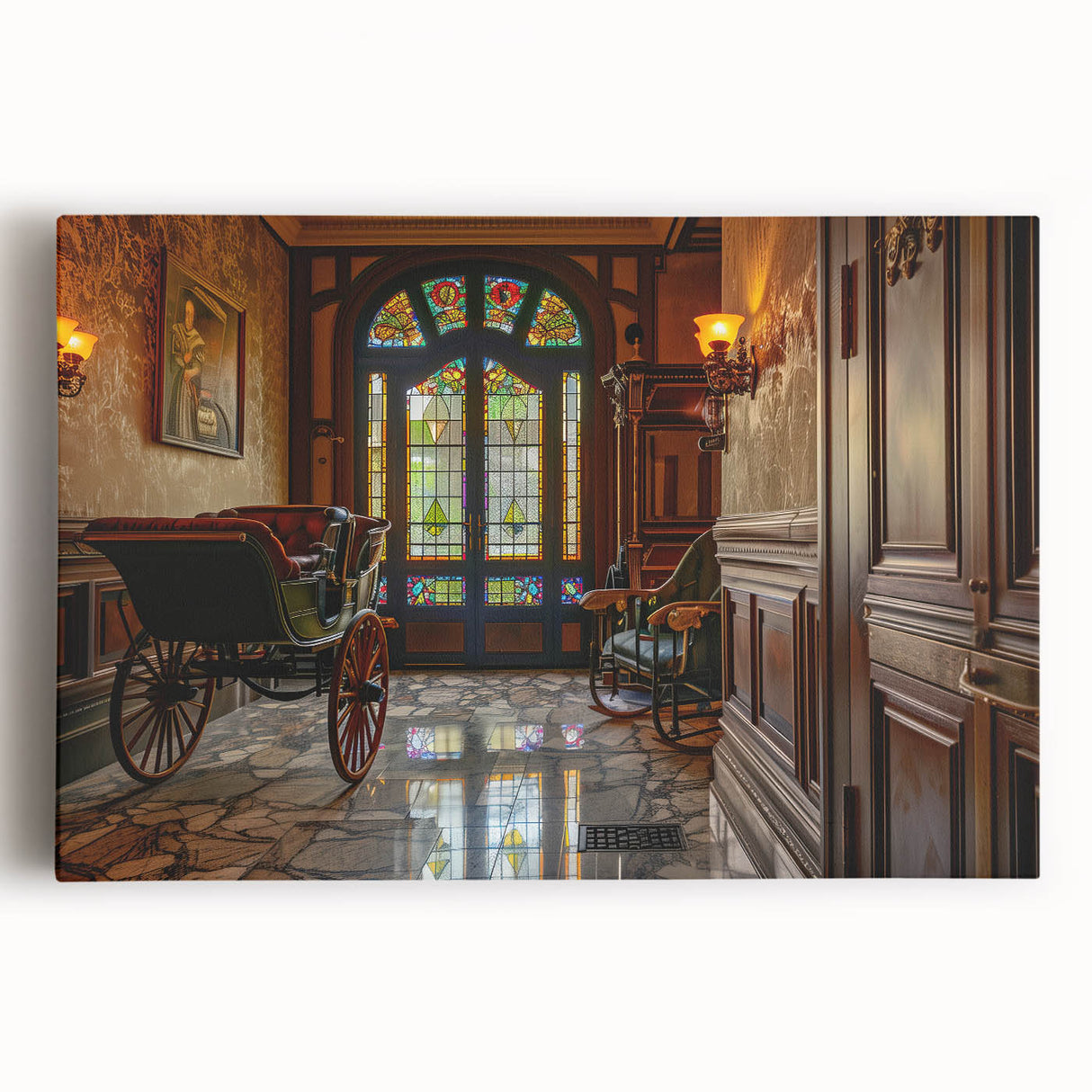 Black and white print of various transportation vehicles on a large stretched canvas.