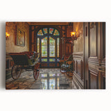 Black and white print of various transportation vehicles on a large stretched canvas.