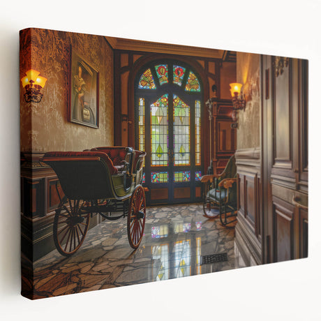 Side view of a vintage red car on a rolled canvas, featuring a minimalist style, ideal for kitchen wall art.