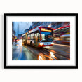Extra large abstract art print of colorful, textured service vehicles on a black framed canvas, ideal for living room decor.