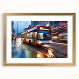 Extra large abstract art print featuring textured, multicolored service vehicles, framed in gold.