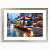 Textured abstract art print of service vehicles in muted earth tones on a framed canvas, suitable for bedroom decor.