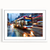 Abstract art print of colorful service vehicles, framed in white, ideal for dining room decor.