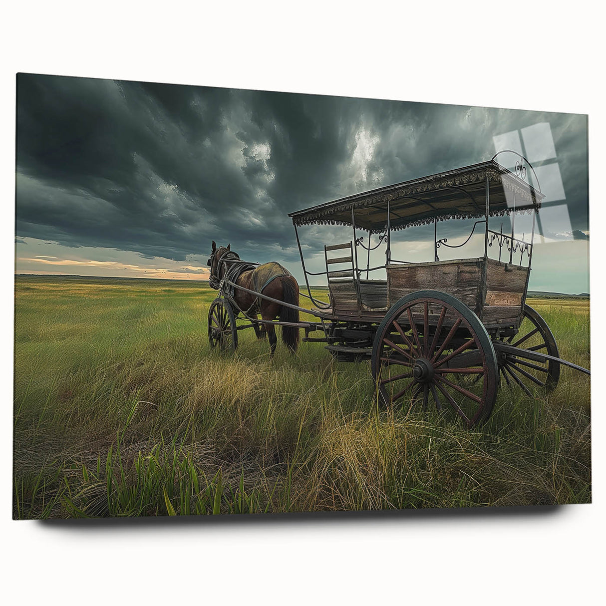 Acrylic print of large abstract wall art featuring assorted service vehicles in muted colors.