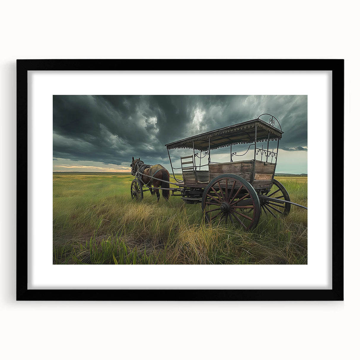 Extra large abstract art print of colorful, textured service vehicles on a black framed canvas, ideal for living room decor.