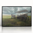 Large abstract wall art depicting stylized service vehicles in muted earth tones on a black acrylic frame.