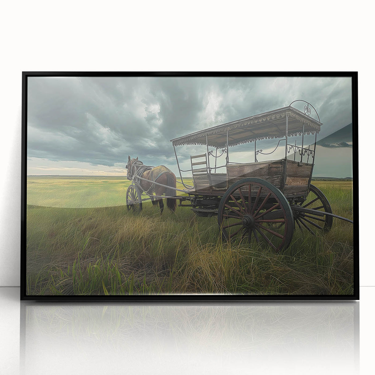 Large abstract wall art depicting stylized service vehicles in muted earth tones on a black acrylic frame.