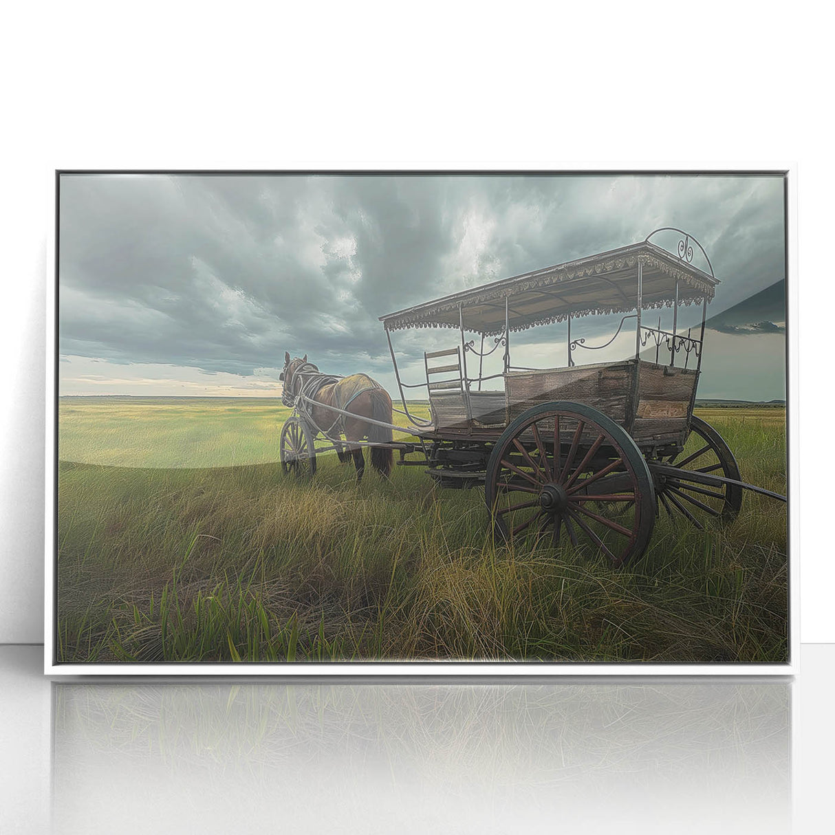 Art deco poster featuring a collection of colorful service vehicles on a white acrylic framed print.