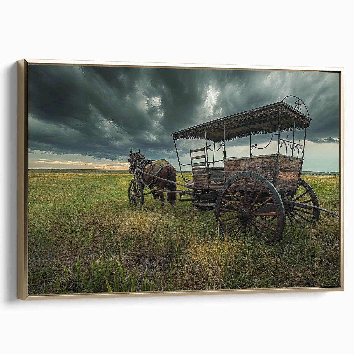 Framed canvas featuring a vintage poster of classic cars in black and gold, ideal for bedroom wall art.