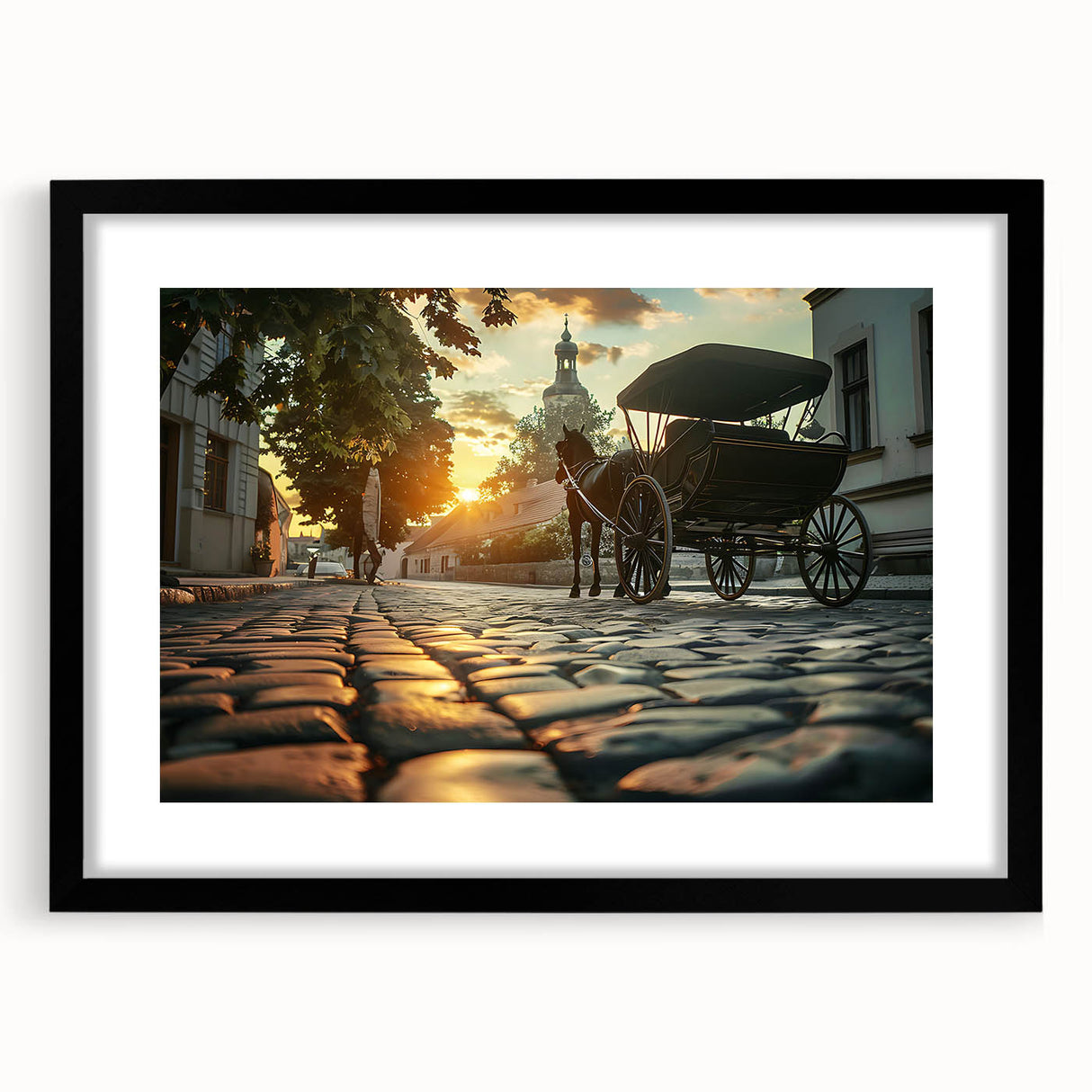 Extra large abstract art print featuring colorful, textured service vehicles, in a black frame with mat.