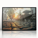 Large abstract wall art featuring a mid-century modernist design of service vehicles in muted gray and blue tones on framed…