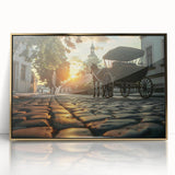 Mid-century modernist art featuring a collection of stylized service vehicles in muted colors on a gold-framed acrylic print.