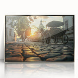 Mid-century modernist art depicting colorful service vehicles on a silver-framed acrylic print.