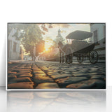 Art deco poster of colorful, stylized service vehicles on a white acrylic frame, ideal for nursery wall art.