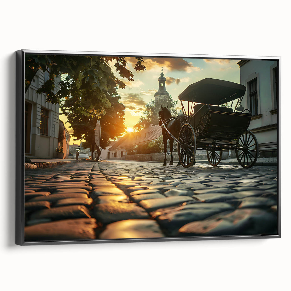 Black and white vintage poster art of landscape with service vehicles on framed canvas, suitable for bedroom wall.