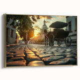 Framed canvas featuring a vintage poster art of black service vehicles in a landscape setting, ideal for bedroom wall art.