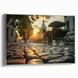 Framed canvas of a vintage black and colorful art depicting assorted transportation vehicles in a landscape format.