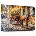 Acrylic print of abstract service vehicles in muted blue and gray tones, ideal for modern dining room decor.