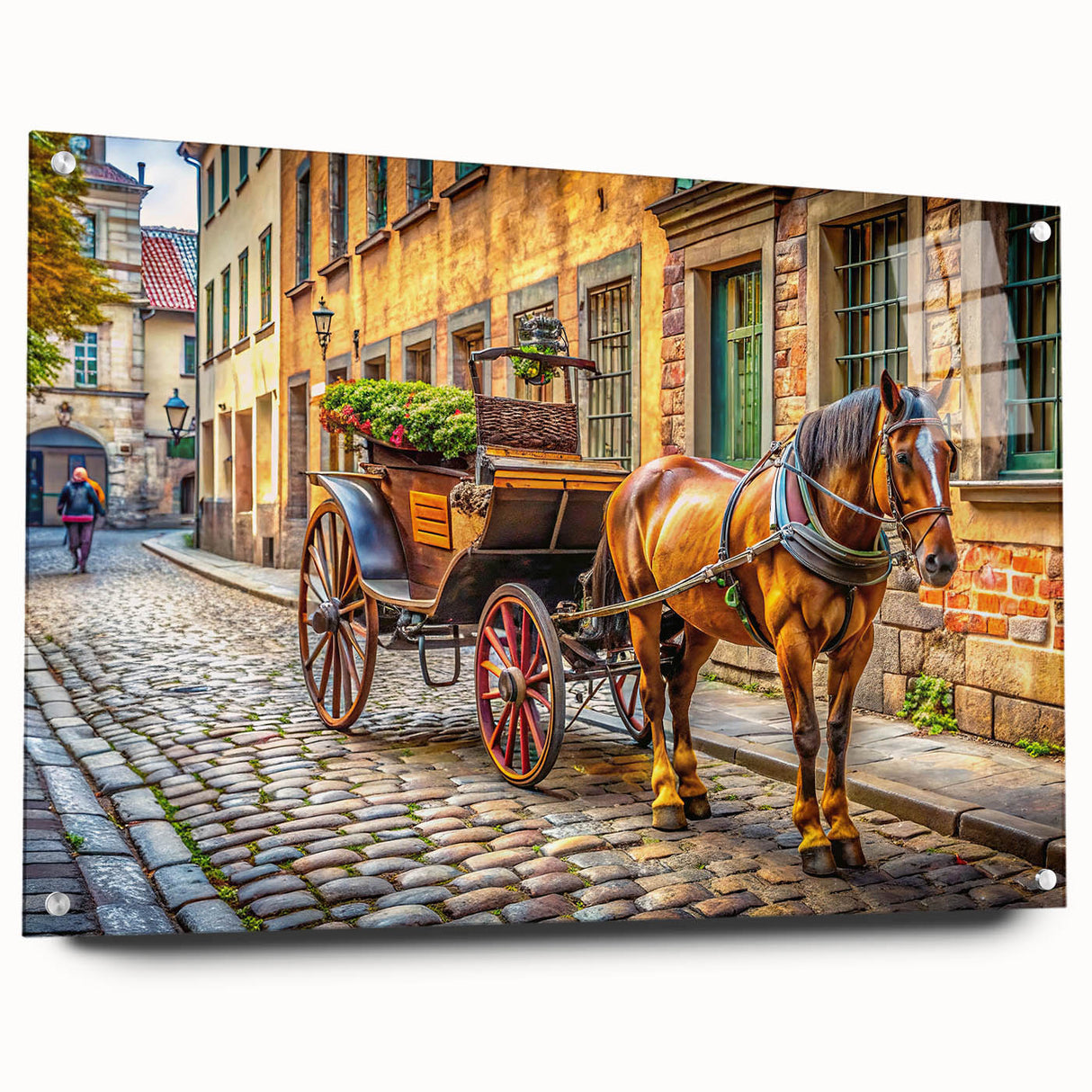 Acrylic print of abstract service vehicles in muted blue and gray tones, ideal for modern dining room decor.